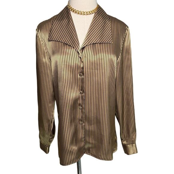 Vintage Tops - K Arnold vintage black gold metallic striped wide collar satin blouse size small